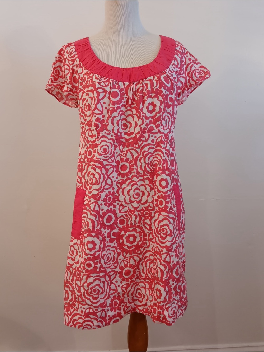 Boden Women’s Linen Pink White Floral sheath Dress Cottagecore  size 8US pockets